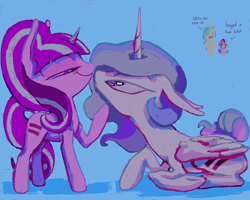 Size: 1350x1080 | Tagged: safe, artist:deviledlobster, imported from derpibooru, princess celestia, starlight glimmer, alicorn, pony, unicorn, horn, rarepair, shipping