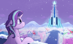 Size: 3469x2100 | Tagged: safe, artist:sleepyhoers, imported from derpibooru, starlight glimmer, pony, unicorn, crystal empire, crystal heart, female, horn, house, mare, mountain, night, snow, snowfall, solo, stars, streetlight