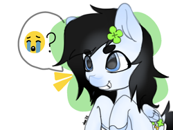 Size: 1024x768 | Tagged: safe, artist:cloveryrhythm, imported from derpibooru, oc, oc only, oc:lucky strike, pegasus, pony, clover, crying, crying emoji, emoji, female, filly, foal, grin, hairclip, hooves, hooves up, implied foalcon, pegasus oc, simple background, sitting, smiling, solo, solo female, speech bubble, wings