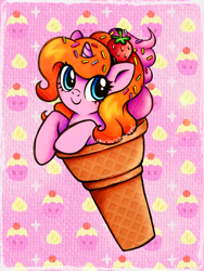 Size: 2250x3000 | Tagged: safe, artist:dariarchangel, imported from derpibooru, oc, oc only, oc:dazha, pony, unicorn, adorable face, blue eyes, c:, cute, cute face, cute smile, daaaaaaaaaaaw, female, female oc, food, hairband, hooves, horn, ice cream, ice cream cone, mare, mare oc, ocbetes, orange hair, orange mane, passepartout, patterned background, pink coat, pony oc, small horn, smiling, smol, solo, sprinkles, strawberry, too cute, traditional art, unicorn oc, weapons-grade cute