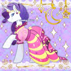 Size: 2000x2000 | Tagged: safe, artist:makaroni923, imported from derpibooru, rarity, pony, unicorn, the best night ever, clothes, cute, dress, ear piercing, earring, female, gala dress, horn, jewelry, mare, my little pony, piercing, raised hoof, raribetes, solo