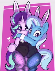 Size: 3198x4096 | Tagged: safe, artist:pabbley, imported from derpibooru, starlight glimmer, trixie, pony, unicorn, bipedal, blush lines, blushing, bunny suit, chubby, clothes, duo, duo female, female, fishnet clothing, fishnets, floating heart, heart, high res, horn, hug, looking at you, mare, plump, signature, socks, stockings, thigh highs, thighs, thunder thighs