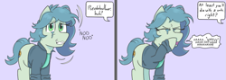 Size: 1679x596 | Tagged: safe, artist:otl crafts, imported from derpibooru, oc, oc only, oc:anon, oc:jonklermare, oc:mandatory euphoria, earth pony, pony, clothes, comic, dialogue, jacket, looking at you, offscreen character, onomatopoeia, pun, smiling, speech bubble, teary eyes