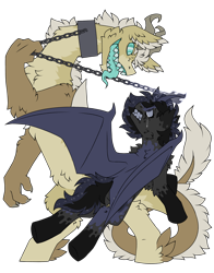 Size: 2750x3500 | Tagged: safe, artist:pegacousinceles, imported from derpibooru, oc, oc only, oc:aries wne, oc:galaxy wne, alicorn, draconequus, hybrid, au:war never ends, chains, duo, interspecies offspring, offspring, parent:discord, parent:fluttershy, parent:king sombra, parent:princess luna, parents:discoshy, parents:lumbra, simple background, transparent background