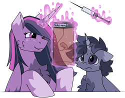 Size: 3500x2750 | Tagged: safe, artist:pegacousinceles, imported from derpibooru, twilight sparkle, oc, oc:lightning wne, oc:spark wne, au:war never ends, fetus, needle, offspring, parent:flash sentry, parent:twilight sparkle, parents:flashlight, simple background, transparent background