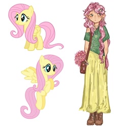 Size: 1280x1280 | Tagged: safe, artist:cookiesscreaming, imported from derpibooru, fluttershy, human, pegasus, pony, alternate hairstyle, bag, blushing, boots, clothes, cute, ear piercing, earring, female, flower, humanized, jewelry, mare, necklace, piercing, shirt, shoes, shyabetes, skirt, solo, t-shirt