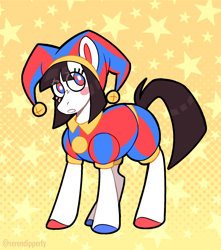 Size: 1268x1435 | Tagged: safe, artist:wanderingpegasus, imported from derpibooru, earth pony, pony, anxiety, anxious, crossover, female, hat, jester, jester hat, jester outfit, mare, pomni, ponified, ponmi, simple background, solo, star background, stars, the amazing digital circus, worried
