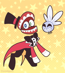 Size: 1268x1435 | Tagged: safe, artist:wanderingpegasus, imported from derpibooru, earth pony, hybrid, object pony, original species, parasprite, pony, toy pony, animate object, bubble, bubble (tadc), caine (tadc), clothes, crossover, duo, duo male, gloves, hat, heterochromia, hybrid pony, male, object head, paraspritized, ponified, ringmaster, sharp teeth, simple background, smiling, species swap, stallion, star background, stars, teeth, the amazing digital circus, top hat, toy, uniform
