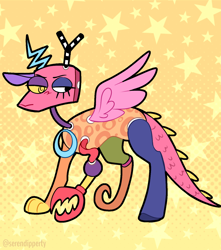 Size: 1268x1435 | Tagged: safe, artist:wanderingpegasus, imported from derpibooru, draconequus, object pony, original species, toy pony, ambiguous gender, animate object, crossover, draconequified, heterochromia, no mouth, ponified, simple background, solo, species swap, star background, stars, the amazing digital circus, toy, wings, zolo-toy, zooble