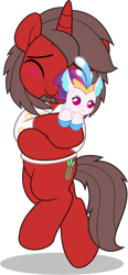 Size: 3000x6479 | Tagged: safe, artist:jhayarr23, imported from derpibooru, queen novo, oc, oc:ironyoshi, seapony (g4), unicorn, my little pony: the movie, bipedal, clothes, commission, eyes closed, horn, hug, plushie, shadow, shirt, simple background, transparent background, ych result