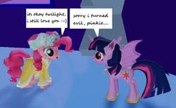 Size: 1117x686 | Tagged: safe, imported from derpibooru, screencap, pinkie pie, twilight sparkle, bat pony, pony, 3d, bat ponified, duo, duo female, english, female, forgiveness, mare, race swap, twibat