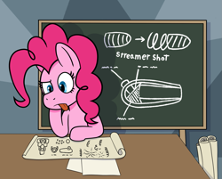 Size: 1435x1155 | Tagged: safe, artist:scraggleman, imported from derpibooru, pinkie pie, earth pony, chalkboard, paper, parchment, pinktober, solo, tongue out