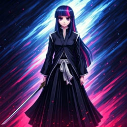 Size: 1024x1024 | Tagged: safe, generator:nightcafe ai, imported from twibooru, twilight sparkle, human, ai content, ai generated, anime, bleach (manga), crossover, generator:google imagen 3.0, humanized, image, needs more jpeg, soul reaper