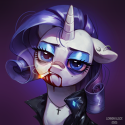 Size: 1024x1024 | Tagged: safe, artist:lennonblack, imported from derpibooru, rarity, pony, unicorn, band-aid on nose, bandaid, blood, bust, cigarette, clothes, cross, cross necklace, ear piercing, earring, female, floppy ears, horn, jacket, jewelry, leather, leather jacket, looking at you, mare, necklace, nosebleed, piercing, signature, smoking, solo