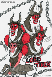 Size: 3144x4676 | Tagged: safe, artist:artistnjc, imported from derpibooru, lord tirek, centaur, taur, antagonist, beard, chains, character name, cloven hooves, colored, evil grin, facial hair, grin, horns, looking at you, lying down, nose piercing, nose ring, piercing, prone, sharp teeth, signature, simple background, smiling, solo, teeth, traditional art