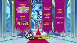 Size: 1920x1080 | Tagged: safe, artist:kbj comix, artist:mlp-silver-quill, edit, imported from derpibooru, my little pony: the movie, blu-ray, canterlot, canterlot castle, canterlot throne room, implied pinkie pie, menu, my little pony, my little pony: rainbow roadtrip, no pony, palace, stained glass, tapestry, throne, throne room