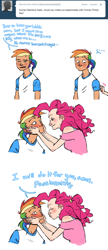 Size: 500x1155 | Tagged: safe, artist:askhumanpinkiedash, imported from derpibooru, pinkie pie, rainbow dash, human, ask, askhumanpinkiedash, blushing, duo, duo female, female, humanized, implied lesbian, simple background, speech bubble, tumblr, white background