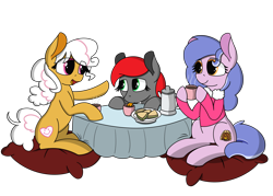 Size: 4200x3000 | Tagged: artist needed, safe, oc, oc:comfy cuddles, oc:miss everymare, oc:nawni, pony, bomb ass tea, con mascot, female, mare, marecon, table