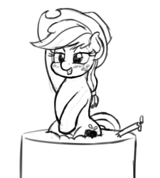 Size: 2700x3000 | Tagged: safe, artist:mkogwheel, imported from derpibooru, applejack, earth pony, pony, bedroom eyes, black and white, blush scribble, blushing, cake, female, food, grayscale, grin, mare, monochrome, simple background, sketch, smiling, solo, white background