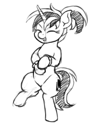 Size: 2400x3000 | Tagged: safe, artist:mkogwheel, imported from derpibooru, oc, oc only, oc:tall tale, pony, unicorn, bipedal, black and white, eyes closed, female, grayscale, horn, mare, monochrome, open mouth, open smile, simple background, sketch, smiling, solo, white background