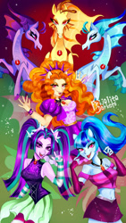 Size: 1125x2000 | Tagged: safe, artist:frijolito darketo, imported from derpibooru, adagio dazzle, aria blaze, sonata dusk, human, pony, seapony (g4), siren, equestria girls, gem, humanized, my little pony equestria girls: rainbow rocks, pose, poster, siren gem, the dazzlings