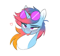 Size: 2252x2128 | Tagged: safe, artist:welost, imported from derpibooru, oc, oc only, oc:sunset skies, unicorn, :p, bedroom eyes, bust, countershading, goggles, heart, heart eyes, horn, simple background, tongue out, white background, wingding eyes