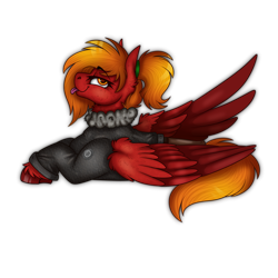 Size: 2000x2000 | Tagged: safe, artist:molars, imported from derpibooru, oc, oc only, oc:risk runner, pegasus, equestria at war mod, :p, badge, bedroom eyes, bomber jacket, cheek fluff, clothes, colored wings, digital art, ear fluff, fluffy, folded wings, gradient wings, jacket, looking at you, orange mane, patch, ponytail, red fur, simple background, solo, spread wings, tongue out, transparent background, unshorn fetlocks, wings