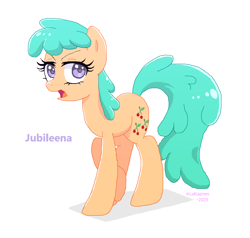 Size: 1146x1090 | Tagged: safe, artist:lullapiies, imported from derpibooru, jubileena, earth pony, pony, 2025, female, frown, lavender eyes, mare, open mouth, pixel-crisp art, purple eyes, simple background, solo, standing, white background