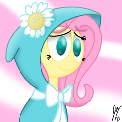 Size: 2048x2048 | Tagged: safe, artist:jesslmc16, imported from derpibooru, fluttershy, pegasus, pony, secret of my excess, bow, bust, cute, female, flower, gradient background, high res, hood, hooded cape, looking at you, mare, my little pony, portrait, shyabetes, smiling, smiling at you, solo, taffeta cape, three quarter view