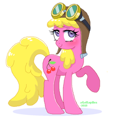 Size: 756x818 | Tagged: safe, artist:lullapiies, imported from derpibooru, cherry berry, earth pony, pony, 2025, aviator goggles, female, goggles, mare, pixel-crisp art, purple eyes, raised hoof, simple background, solo, standing, turned head, white background