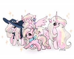 Size: 2048x1638 | Tagged: safe, artist:petaltwinkle, imported from derpibooru, oc, oc:petal twinkle, alicorn, earth pony, pegasus, pony, unicorn, female, hat, horn, mare, multeity, race swap, self paradox, self ponidox, simple background, white background