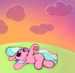 Size: 2350x2300 | Tagged: safe, artist:violavaquita, sugar stix, earth pony, pony, cloud, crossed legs, dawn, female, filly, grass, lying down, raised hoof, sad, solo