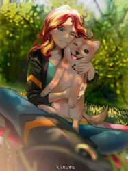 Size: 1280x1713 | Tagged: safe, artist:kinuwa, artist:kinuwakiwi, imported from derpibooru, sunset shimmer, dog, human, shiba inu, alternate hairstyle, bush, clothes, cute, dress, female, grass, grin, high heels, hug, humanized, jacket, leather, leather jacket, leggings, one eye closed, puppy, shimmerbetes, shoes, smiling, solo, sundress, wink