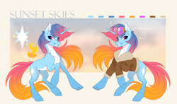 Size: 5024x2964 | Tagged: safe, artist:nettlemoth, imported from derpibooru, oc, oc only, oc:sunset skies, pony, unicorn, aviator goggles, bomber jacket, clothes, color palette, goggles, gradient mane, gradient tail, horn, jacket, magic, no clothes, reference sheet, stars, tail, white belly