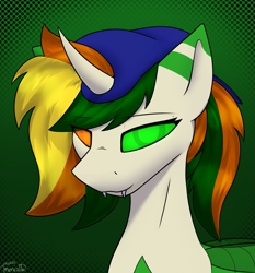 Size: 2279x2443 | Tagged: safe, artist:monycaalot, imported from derpibooru, oc, oc only, oc:lucarine zabetta, changeling, waspling, fangs, green background, heterochromia, horn, icon, looking at you, simple background