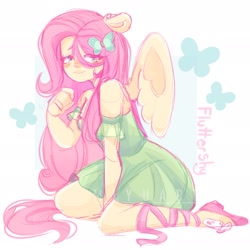 Size: 2048x2048 | Tagged: safe, artist:miyuartss, imported from derpibooru, fluttershy, equestria girls, clothes, dress, ponied up, simple background, solo, white background