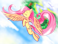 Size: 2048x1556 | Tagged: safe, artist:freeedon, imported from derpibooru, fluttershy, pegasus, pony, cloud, eyes closed, female, flying, mare, outdoors, profile, sky, smiling, solo, spread wings, wings