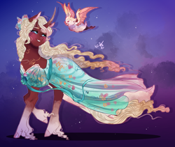 Size: 1052x887 | Tagged: safe, artist:bunnari, imported from derpibooru, oc, oc only, oc:blood love rosabella, bat, pony, unicorn, bad end au, clothes, curved horn, dress, flower, flower in hair, horn, offspring, parent:fluttershy, parent:king sombra, parents:sombrashy, unshorn fetlocks