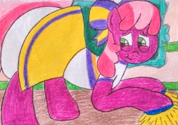 Size: 2725x1916 | Tagged: safe, artist:bitter sweetness, imported from derpibooru, cheerilee, earth pony, pony, :t, abdl, adult foal, bow, clothes, diaper, diaper fetish, diaper under clothes, fetish, hair bow, looking back, non-baby in diaper, poofy diaper, smiling, traditional art