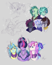 Size: 1600x2000 | Tagged: safe, artist:bunnari, imported from derpibooru, bulk biceps, fluttershy, lemon hearts, minuette, shining armor, sunset shimmer, twilight sparkle, twinkleshine, alicorn, bat pony, earth pony, pegasus, pony, unicorn, zebra, bad end au, bat ponified, disguise, eye scar, eyepatch, facial scar, female, flutterbat, glasses, horn, male, mare, race swap, scar, stallion, twilight sparkle (alicorn)