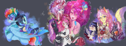 Size: 2717x1000 | Tagged: safe, artist:bunnari, imported from derpibooru, discord, fluttershy, pinkie pie, rainbow dash, oc, oc:blood love rosabella, oc:calla lilith, oc:carnivalicious, oc:festivalus, oc:harlequin, oc:seraphim allure, oc:venom sting, changepony, draconequus, hybrid, pegasus, unicorn, bad end au, colored wings, colored wingtips, colt, discopie, female, filly, foal, horn, horns, interspecies offspring, jewelry, magical lesbian spawn, male, mare, next generation, offspring, parent:fluttershy, parent:king sombra, parent:queen chrysalis, parent:rainbow dash, parents:chrysadash, parents:sombrashy, regalia, shipping, straight, wings