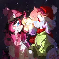 Size: 3550x3550 | Tagged: safe, artist:pakmur, imported from derpibooru, oc, oc only, oc:jungle, oc:lunylin, pegasus, pony, clothes, colored wings, commission, duo, fireworks, hat, hoodie, scarf, sitting, wings, ych result