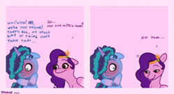 Size: 1968x1063 | Tagged: safe, artist:starburstuwu, imported from derpibooru, pipp petals, pegasus, pony, unicorn, 2 panel comic, blushing, comic, cornrows, diadem, duo, faic, floppy ears, freckles, g5, gradient hooves, gradient horn, gradient mane, horn, implied hitch trailblazer, implied mistytrail, implied shipping, jewelry, misty brightdawn, nodding, pink background, regalia, shipping, signature, simple background, text, tiara, two toned mane, unshorn fetlocks