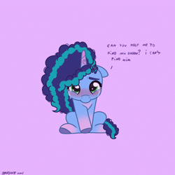 Size: 2480x2480 | Tagged: safe, artist:starburstuwu, imported from derpibooru, pony, unicorn, spoiler:g5, cornrows, crying, cute, eyebrows, female, filly, filly misty brightdawn, floppy ears, foal, freckles, g5, gradient hooves, gradient horn, horn, implied alphabittle blossomforth, misty brightdawn, mistybetes, precious, purple background, sad, sadorable, simple background, solo, starburstuwu is trying to murder us, talking to viewer, text, two toned mane, unshorn fetlocks, younger