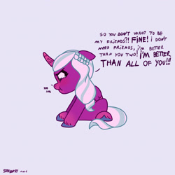 Size: 2480x2480 | Tagged: safe, artist:starburstuwu, imported from derpibooru, opaline arcana, alicorn, pony, angry, cute, female, filly, filly opaline arcana, foal, folded wings, g5, horn, madorable, my little pony: make your mark, signature, simple background, sitting, talking, text, unshorn fetlocks, wings, younger