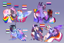 Size: 2537x1735 | Tagged: safe, artist:bunnari, imported from derpibooru, oc, oc only, oc:as de coeur, oc:astral tome, oc:calla lilith, oc:crescenta darkwood, oc:high standards, oc:masonry oven, oc:naiad, oc:seraphim allure, oc:velour, oc:venom sting, alicorn, changeling, earth pony, pegasus, pony, unicorn, alicorn oc, aromantic pride flag, bad end au, bisexual pride flag, braid, curved horn, demiboy, demiboy pride flag, fan, female, gay pride flag, genderfluid pride flag, hat, horn, horns, lesbian pride flag, male, mare, next generation, nonbinary, nonbinary pride flag, oc x oc, pansexual pride flag, pride, pride flag, shipping, stallion, transgender, transgender pride flag, wings