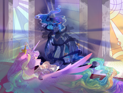 Size: 2000x1500 | Tagged: safe, artist:bunnari, imported from derpibooru, princess cadance, princess celestia, princess luna, alicorn, pony, bad end au, crying, female, hoof shoes, jewelry, mare, peytral, regalia, spread wings, story included, throne room, trio, wings