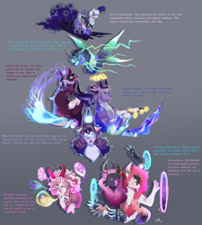 Size: 2701x3000 | Tagged: safe, artist:bunnari, imported from derpibooru, oc, oc:anima, oc:carbonado, oc:carnivalicious, oc:festivalus, oc:harlequin, oc:maleficent, oc:velour, oc:venom sting, changepony, draconequus, hybrid, pony, unicorn, bad end au, balloon, crystal, female, fusion, gray background, horn, horns, interspecies offspring, magic, magical lesbian spawn, male, mare, next generation, offspring, parent:discord, parent:lord tirek, parent:pinkie pie, parent:queen chrysalis, parent:rainbow dash, parent:rarity, parent:stygian, parents:chrysadash, parents:discopie, parents:rarirek, portal, simple background, sword, tongue out, weapon