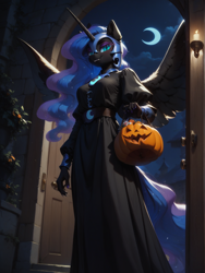 Size: 1320x1760 | Tagged: safe, imported from ponybooru, nightmare moon, princess luna, alicorn, anthro, ai content, ai generated, clothes, costume, female, full moon, halloween, holiday, jack-o-lantern, moon, nightmare moon costume, nightmare night, nightmare night costume, prompt in source, prompter:wolferin, pumpkin, solo