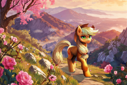 Size: 2000x1333 | Tagged: safe, artist:allegrenix, imported from derpibooru, applejack, earth pony, pony, applejack's hat, cowboy hat, female, flower, freckles, grass, hat, mare, mountain, outdoors, scenery, solo, spring, tree, wallpaper